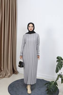 Açık Gri Saç Örgülü Merserize Elbise 