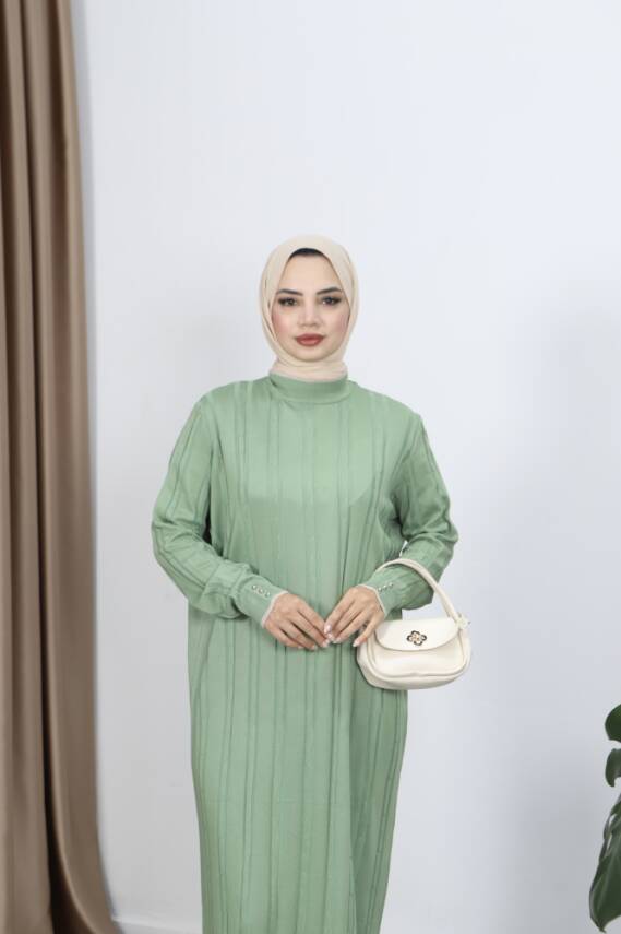 Çağla Yeşili Saç Örgülü Merserize Elbise - 2