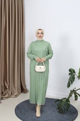 Çağla Yeşili Saç Örgülü Merserize Elbise - 1