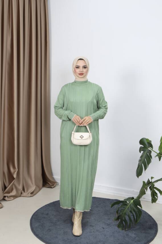 Çağla Yeşili Saç Örgülü Merserize Elbise - 1