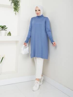 İndigo Mavi Merserize Tüylenmez Şık Tunik 