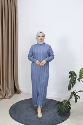 İndigo Mavi  Saç Örgülü Merserize Elbise 