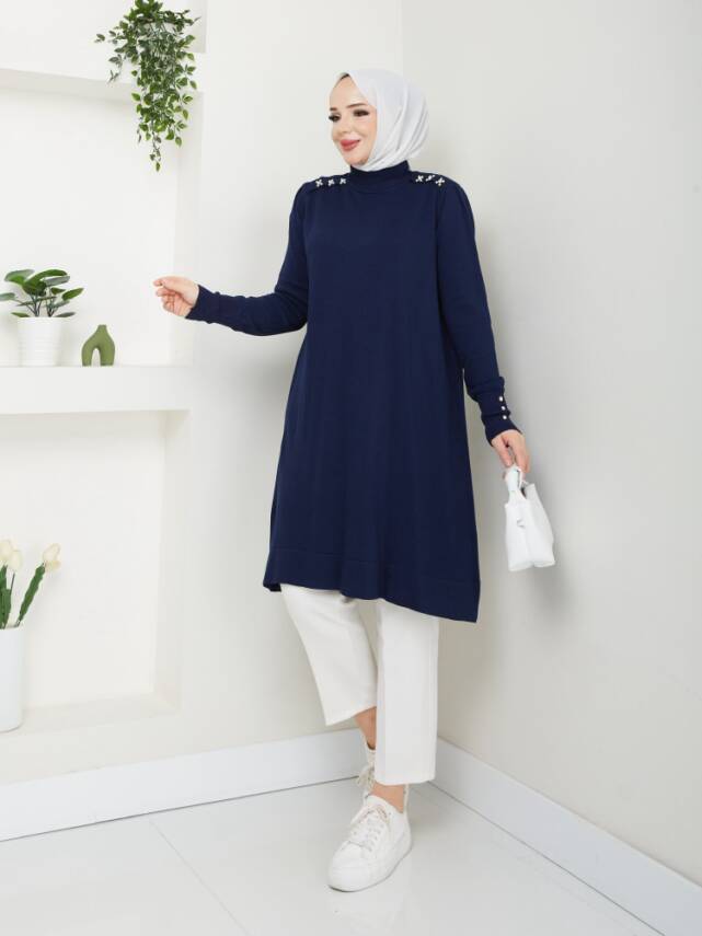 Lacivert Merserize Tüylenmez Şık Tunik - 1
