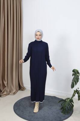 Lacivert Saç Örgülü Merserize Elbise 