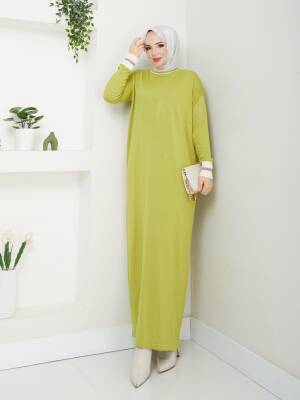 Yağ Yeşili Merserize Tüylenmez Sim Detaylı  Elbise 