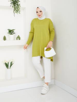 Yağ Yeşili Merserize Tüylenmez Triko Tunik