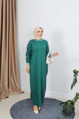 Zümrüt Yeşili Çift Renk Merserize Elbise
