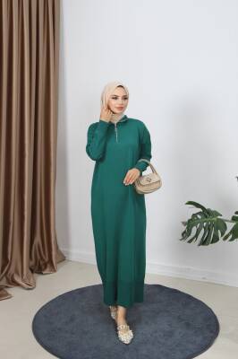 Zümrüt Yeşili Fermuarlı Merserize Elbise