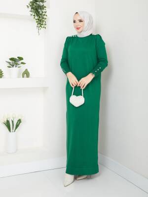 Zümrüt Yeşili Merserize Tüylenmez Boncuk Detaylı  Elbise 