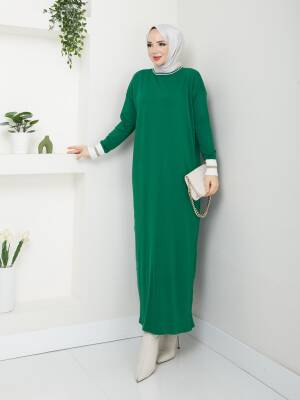 Zümrüt Yeşili Merserize Tüylenmez Sim Detaylı  Elbise 