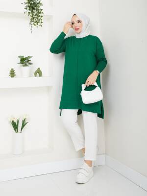 Zümrüt Yeşili Merserize Tüylenmez Triko Tunik