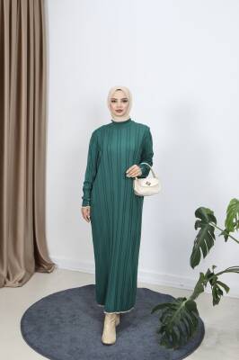 Zümrüt Yeşili  Saç Örgülü Merserize Elbise 
