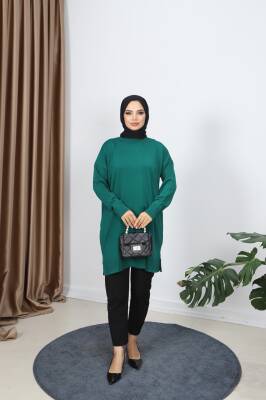 Zümrüt Yeşili Yırtmaçlı Merserize Tunik